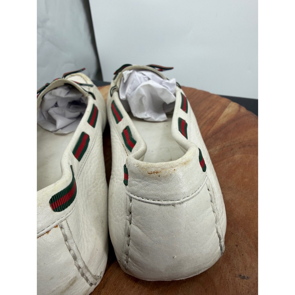 Gucci Driving Loafers men’s 9.5 White Leather Web Stripe Bow Slip On Shoes - Picture 6 of 11